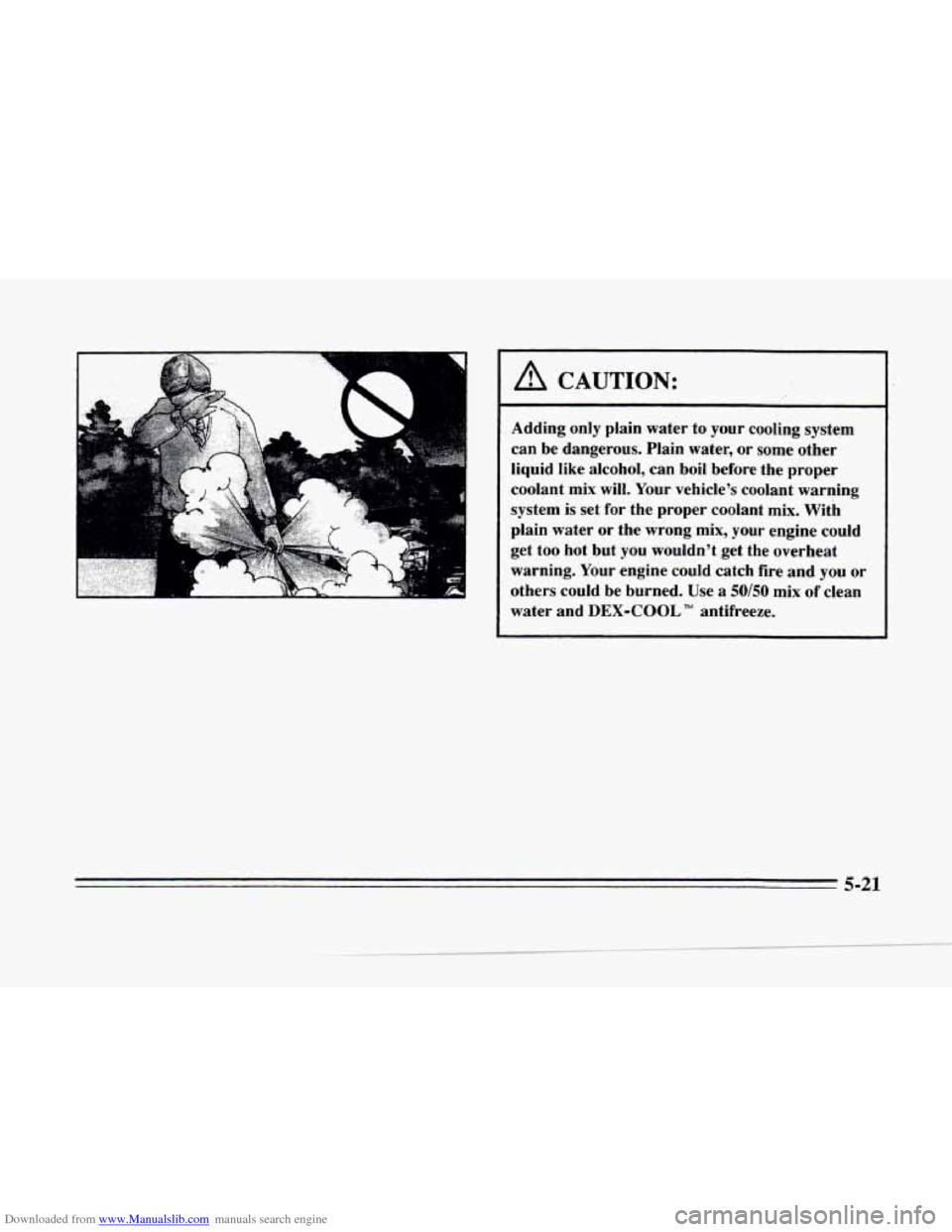 CADILLAC SEVILLE 1996 4.G Owners Manual Downloaded from www.Manualslib.com manuals search engine :?. 
" ,il 
I A CAUTION: 
I 
j Adding only plain  water  to  your  cooling system 
can  be dangerous.  Plain  water,  or some  other 
, liquid 