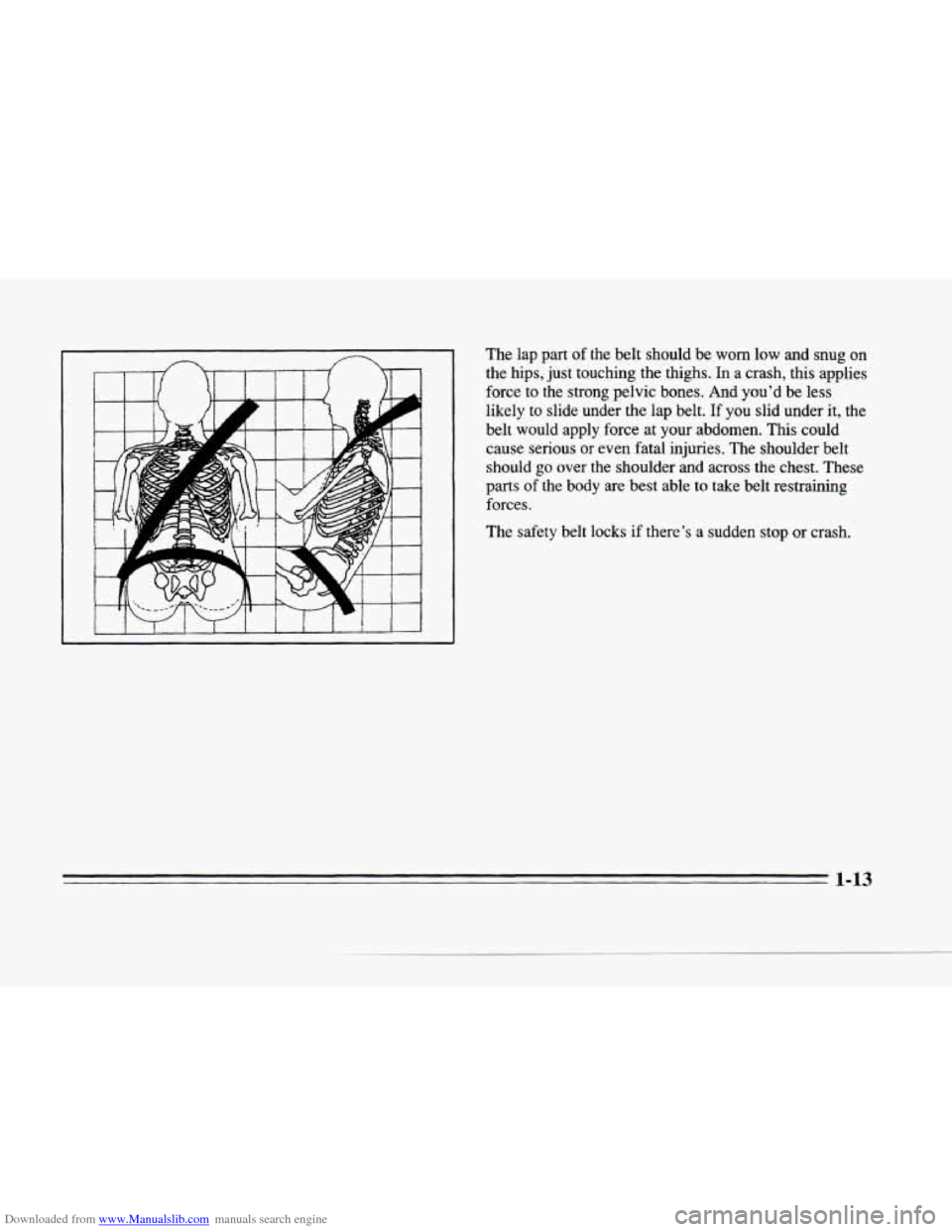 CADILLAC SEVILLE 1996 4.G Owners Manual Downloaded from www.Manualslib.com manuals search engine The lap part of the belt should  be worn low  and  snug  on 
the hips, just touching the thighs.  In 
a crash, this applies 
force  to  the  st