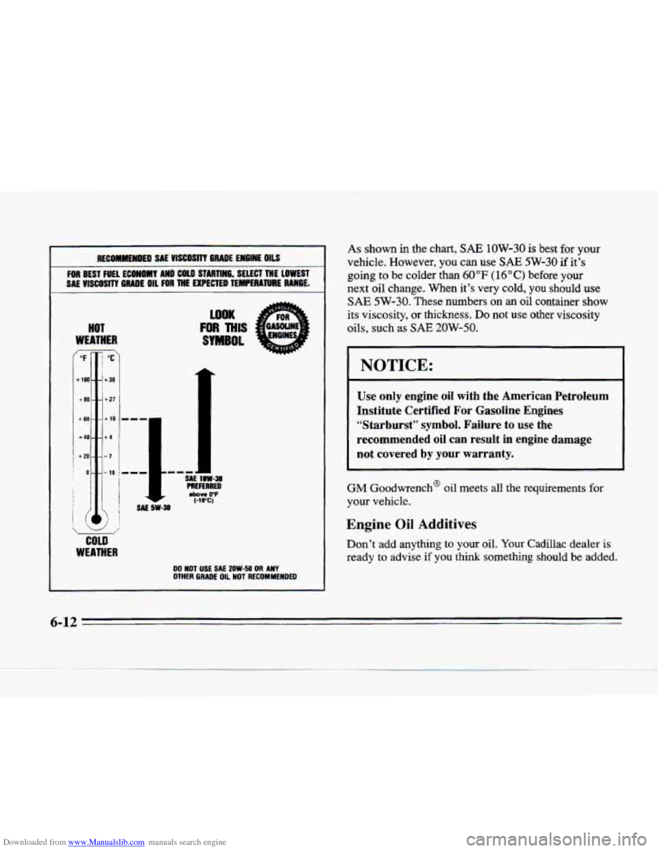 CADILLAC SEVILLE 1996 4.G Owners Manual Downloaded from www.Manualslib.com manuals search engine I RECOMMENDED SAE VISCOSIT! GRADE ENGINE OILS I 
FOR BEST FUEL ECONOMY  AND COLD F------l6, SELECT THE LOWEST 
SAE VISCOSITY GRADE OIL FOR THE 