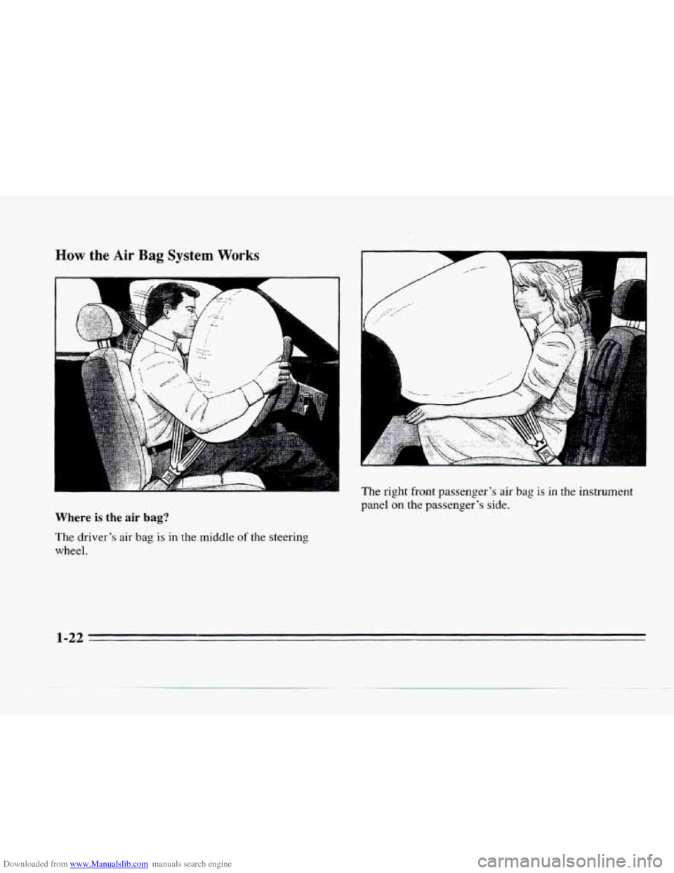 CADILLAC SEVILLE 1996 4.G Owners Guide Downloaded from www.Manualslib.com manuals search engine How the Air Bag System Works 
Where is the air bag? 
The drivers  air bag is in the  middle of the  steering 
wheel. 
I 
The  right front  pas