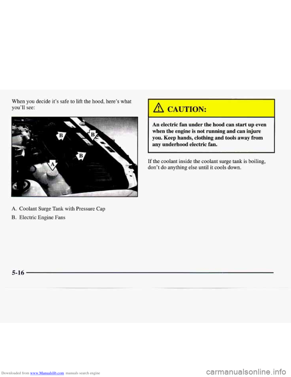 CADILLAC CATERA 1997 1.G Owners Manual Downloaded from www.Manualslib.com manuals search engine When you decide it’s safe  to lift the hood,  here’s  what 
you’ll  see: 
A. Coolant Surge  Tank  with Pressure Cap 
B. Electric Engine F
