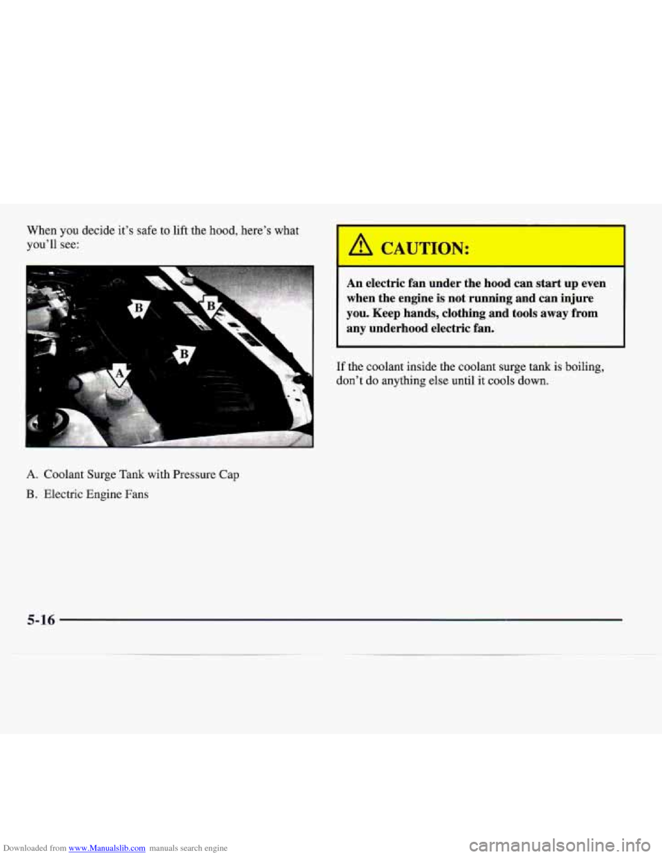 CADILLAC CATERA 1997 1.G Owners Manual Downloaded from www.Manualslib.com manuals search engine When you decide it’s safe to lift the hood, here’s what
you’ll see:
A. Coolant Surge Tank with Pressure Cap
B. Electric Engine F CADILLAC CATERA 1997 1.G Owners Manual Downloaded from www.Manualslib.com manuals search engine When you decide it’s safe to lift the hood, here’s what
you’ll see:
A. Coolant Surge Tank with Pressure Cap
B. Electric Engine F