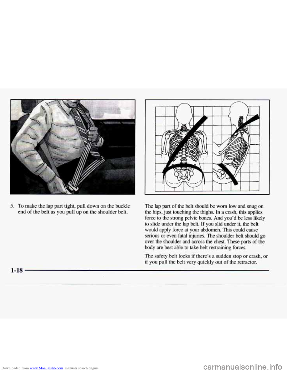 CADILLAC CATERA 1997 1.G Owners Manual Downloaded from www.Manualslib.com manuals search engine 5. To make the lap part tight, pull down on the buckle
end of the belt as you pull up on the shoulder belt. The lap part of CADILLAC CATERA 1997 1.G Owners Manual Downloaded from www.Manualslib.com manuals search engine 5. To make the lap part tight, pull down on the buckle
end of the belt as you pull up on the shoulder belt. The lap part of
