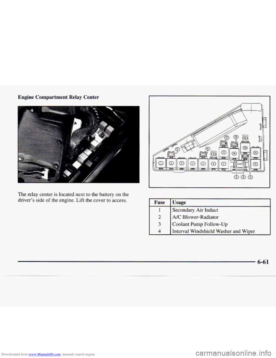 CADILLAC CATERA 1997 1.G Owners Manual Downloaded from www.Manualslib.com manuals search engine Engine  Compartment  Relay  Center 
The relay  center  is  located next  to the  battery  on the 
driver’s  side of  the  engine. Lift the co