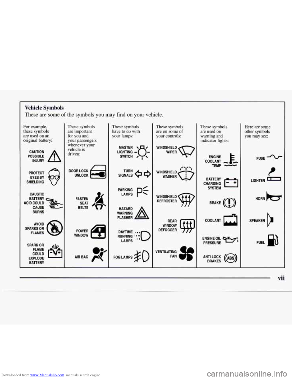 CADILLAC CATERA 1997 1.G Owners Manual Downloaded from www.Manualslib.com manuals search engine Vehicle Symbols
These are some of the symbols you may find on your vehicle.
For example,
these symbols
are used on an
original batter CADILLAC CATERA 1997 1.G Owners Manual Downloaded from www.Manualslib.com manuals search engine Vehicle Symbols
These are some of the symbols you may find on your vehicle.
For example,
these symbols
are used on an
original batter