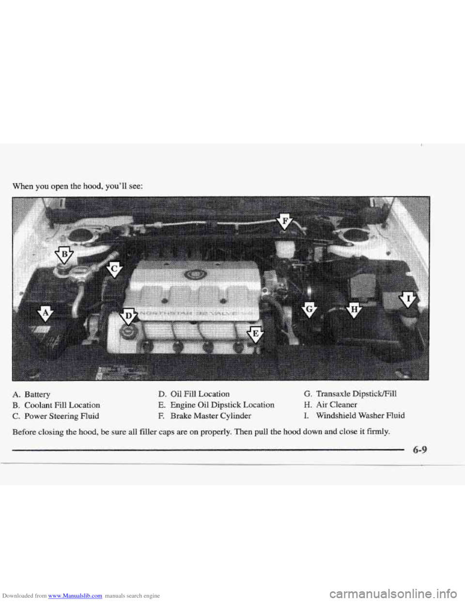 CADILLAC ELDORADO 1997 10.G Owners Manual Downloaded from www.Manualslib.com manuals search engine When you open the hood, you’ll see:
A. Battery
B. Coolant Fill Location
C. Power Steering Fluid
D. Oil Fill Location
E. Engine Oil Dip CADILLAC ELDORADO 1997 10.G Owners Manual Downloaded from www.Manualslib.com manuals search engine When you open the hood, you’ll see:
A. Battery
B. Coolant Fill Location
C. Power Steering Fluid
D. Oil Fill Location
E. Engine Oil Dip