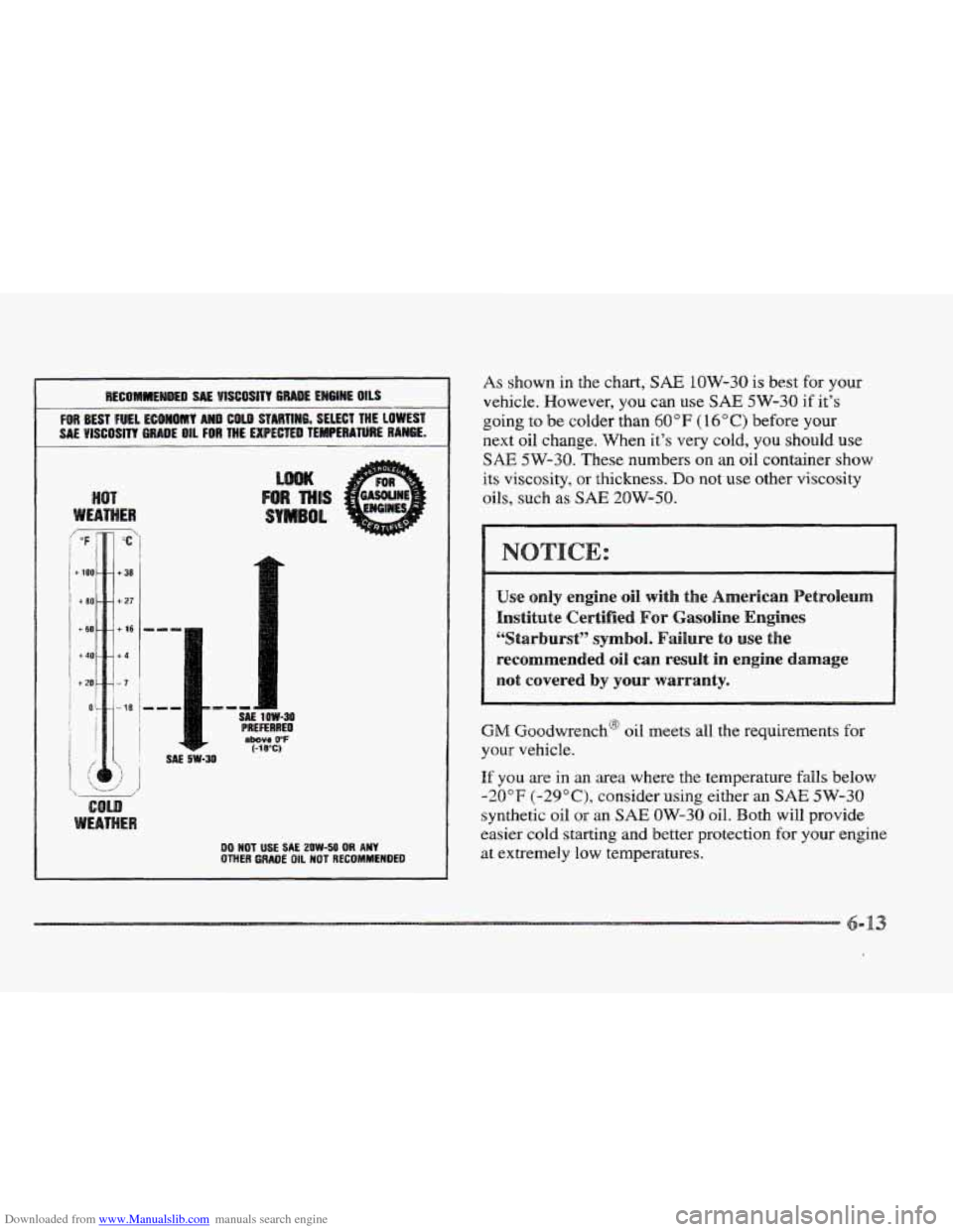 CADILLAC ELDORADO 1997 10.G Owners Manual Downloaded from www.Manualslib.com manuals search engine HOT
WEATHEW
/.
I
COLD
WEATHE
DO HOT USE SAE 2OW-50 OR ANY OTHER GRAOE OIL HOT RECOMMEHDED
As shown in the chart, SAE 1OW-30 is best fo CADILLAC ELDORADO 1997 10.G Owners Manual Downloaded from www.Manualslib.com manuals search engine HOT
WEATHEW
/.
I
COLD
WEATHE
DO HOT USE SAE 2OW-50 OR ANY OTHER GRAOE OIL HOT RECOMMEHDED
As shown in the chart, SAE 1OW-30 is best fo