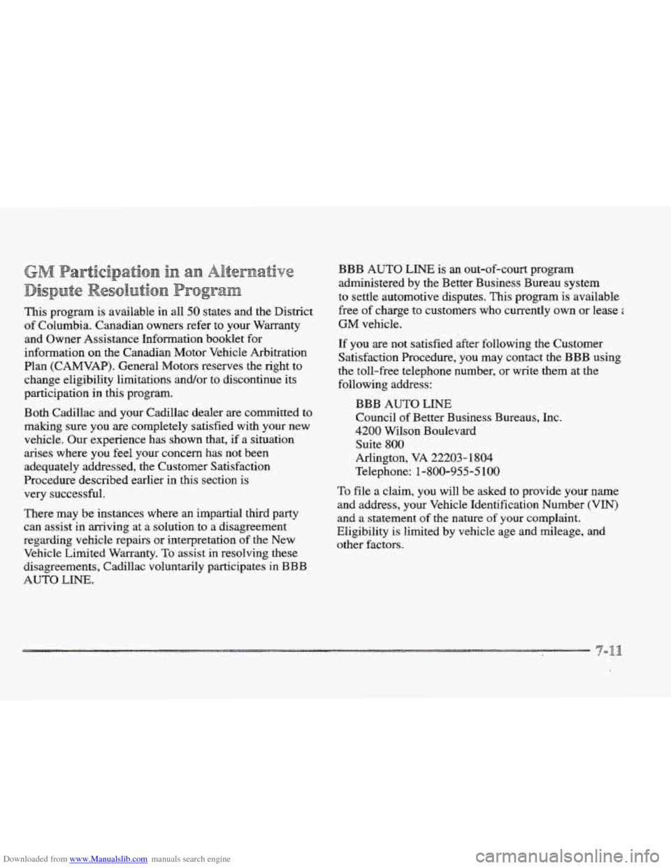 CADILLAC ELDORADO 1997 10.G Owners Manual Downloaded from www.Manualslib.com manuals search engine This program is available in all 50 states  and  the  District 
of  Columbia. Canadian owners refer  to  your  Warranty 
and Owner Assistance I