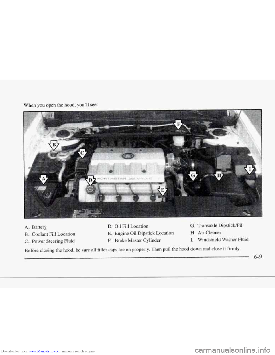CADILLAC SEVILLE 1997 4.G Owners Manual Downloaded from www.Manualslib.com manuals search engine F
U
r
r
When you open the hood, youll see:
A. Battery
B. Coolant
Fill Location
C. Power Steering Fluid D.
Oil Fill Location E. CADILLAC SEVILLE 1997 4.G Owners Manual Downloaded from www.Manualslib.com manuals search engine F
U
r
r
When you open the hood, youll see:
A. Battery
B. Coolant
Fill Location
C. Power Steering Fluid D.
Oil Fill Location E.