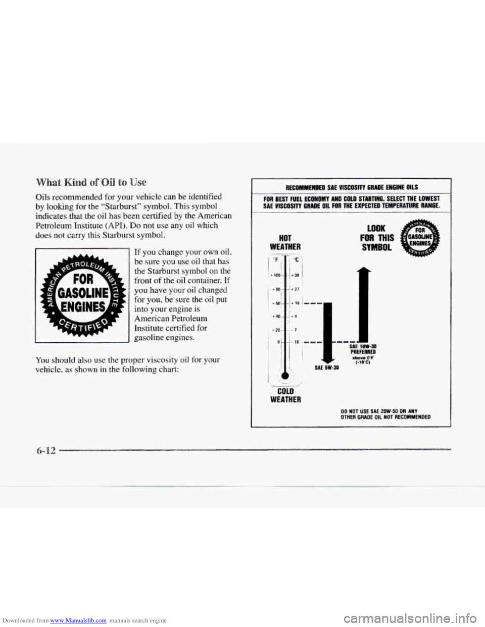 CADILLAC SEVILLE 1997 4.G Owners Manual Downloaded from www.Manualslib.com manuals search engine I RECOMMENDED SAE VlSCOSlTT QRADE ENGINE OILS
Oils recommended for your vehicle can be identified
by loolung for the "Starburst" symb CADILLAC SEVILLE 1997 4.G Owners Manual Downloaded from www.Manualslib.com manuals search engine I RECOMMENDED SAE VlSCOSlTT QRADE ENGINE OILS
Oils recommended for your vehicle can be identified
by loolung for the "Starburst" symb