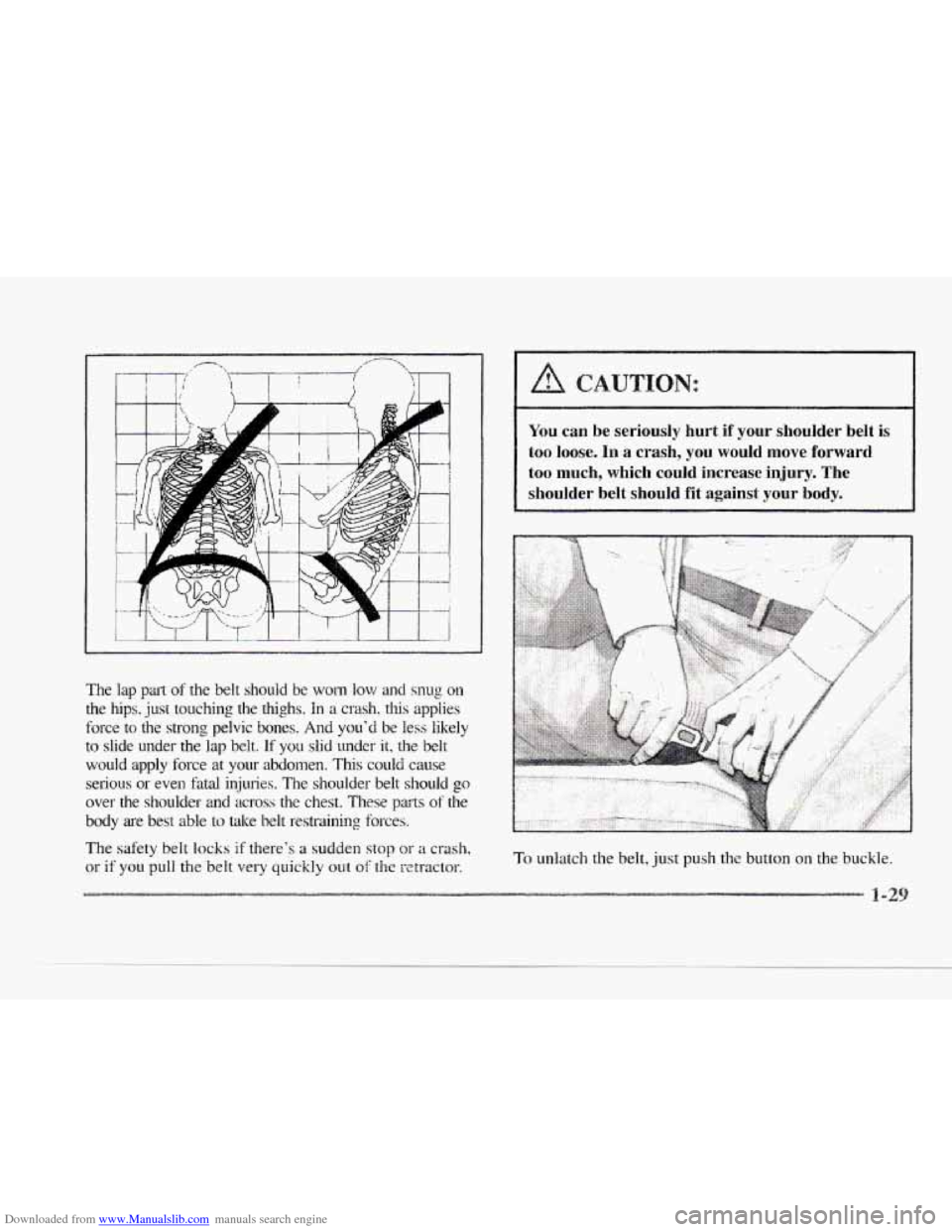 CADILLAC SEVILLE 1997 4.G Service Manual Downloaded from www.Manualslib.com manuals search engine c 
The lap pat of the  belt  should be won1 low  and snug on 
the hips. just touching the thighs. In a crash, this applies 
force  to  the  str