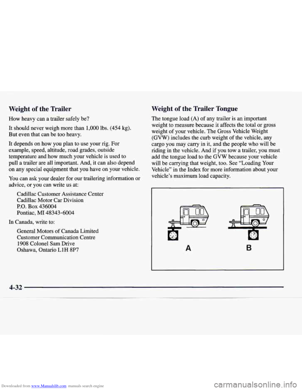 CADILLAC CATERA 1998 1.G Owners Manual Downloaded from www.Manualslib.com manuals search engine Weight  of  the  Trailer 
How  heavy can a trailer  safely  be? 
It should  never  weigh  more  than 1,000 lbs. (454 kg). 
But  even  that  can