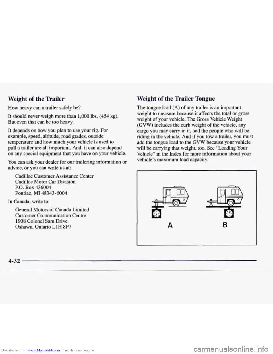 CADILLAC CATERA 1998 1.G Owners Manual Downloaded from www.Manualslib.com manuals search engine Weight of the Trailer
How heavy can a trailer safely be?
It should never weigh more than 1,000 lbs. (454 kg).
But even that can CADILLAC CATERA 1998 1.G Owners Manual Downloaded from www.Manualslib.com manuals search engine Weight of the Trailer
How heavy can a trailer safely be?
It should never weigh more than 1,000 lbs. (454 kg).
But even that can