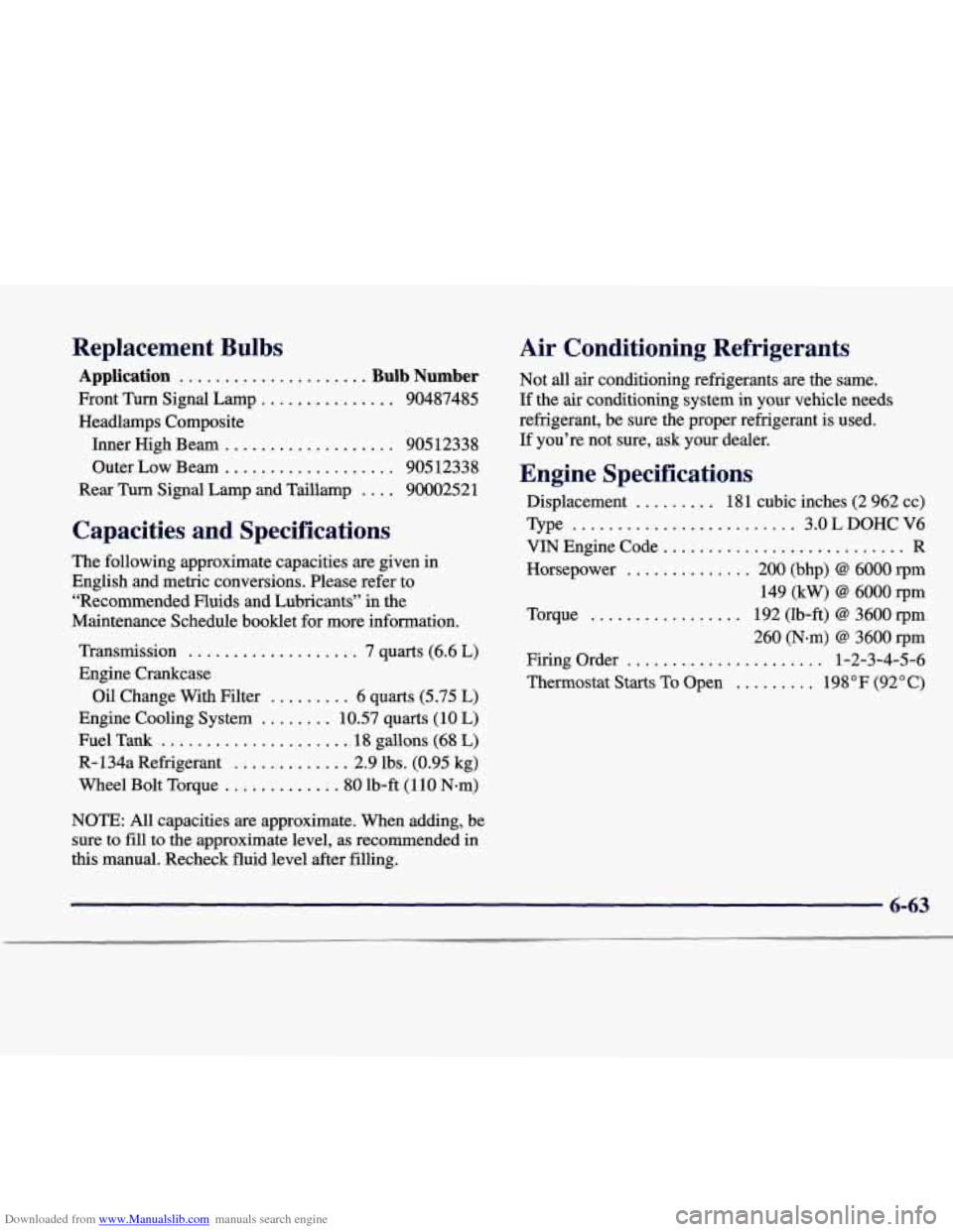 CADILLAC CATERA 1998 1.G Owners Manual Downloaded from www.Manualslib.com manuals search engine Replacement Bulbs
Application ..................... Bulb Number
Front Turn Signal Lamp ............... 90487485
Headlamps Composite
Inner CADILLAC CATERA 1998 1.G Owners Manual Downloaded from www.Manualslib.com manuals search engine Replacement Bulbs
Application ..................... Bulb Number
Front Turn Signal Lamp ............... 90487485
Headlamps Composite
Inner