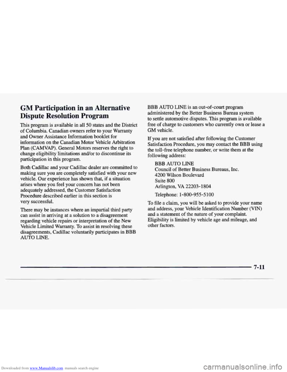 CADILLAC DEVILLE 1998 7.G Owners Manual Downloaded from www.Manualslib.com manuals search engine GM Participation  in  an  Alternative 
Dispute  Resolution  Program 
This  program  is  available  in all 50 states  and  the  District 
of  Co