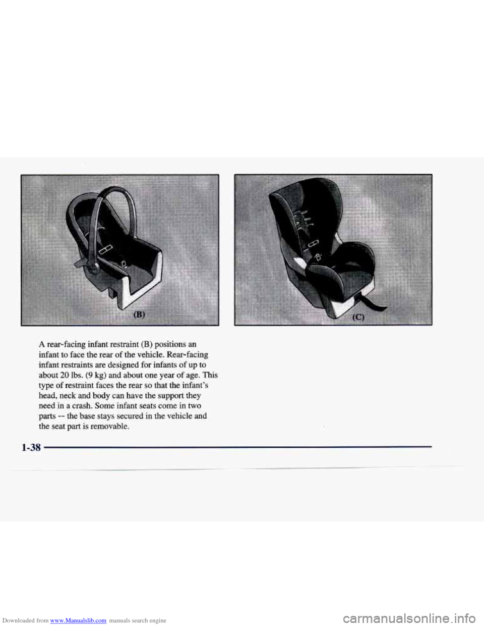 CADILLAC DEVILLE 1998 7.G Workshop Manual Downloaded from www.Manualslib.com manuals search engine A rear-facing  infant  restraint (B) positions  an 
infant  to  face the  rear 
of the  vehicle.  Rear-facing 
infant  restraints  are  designe