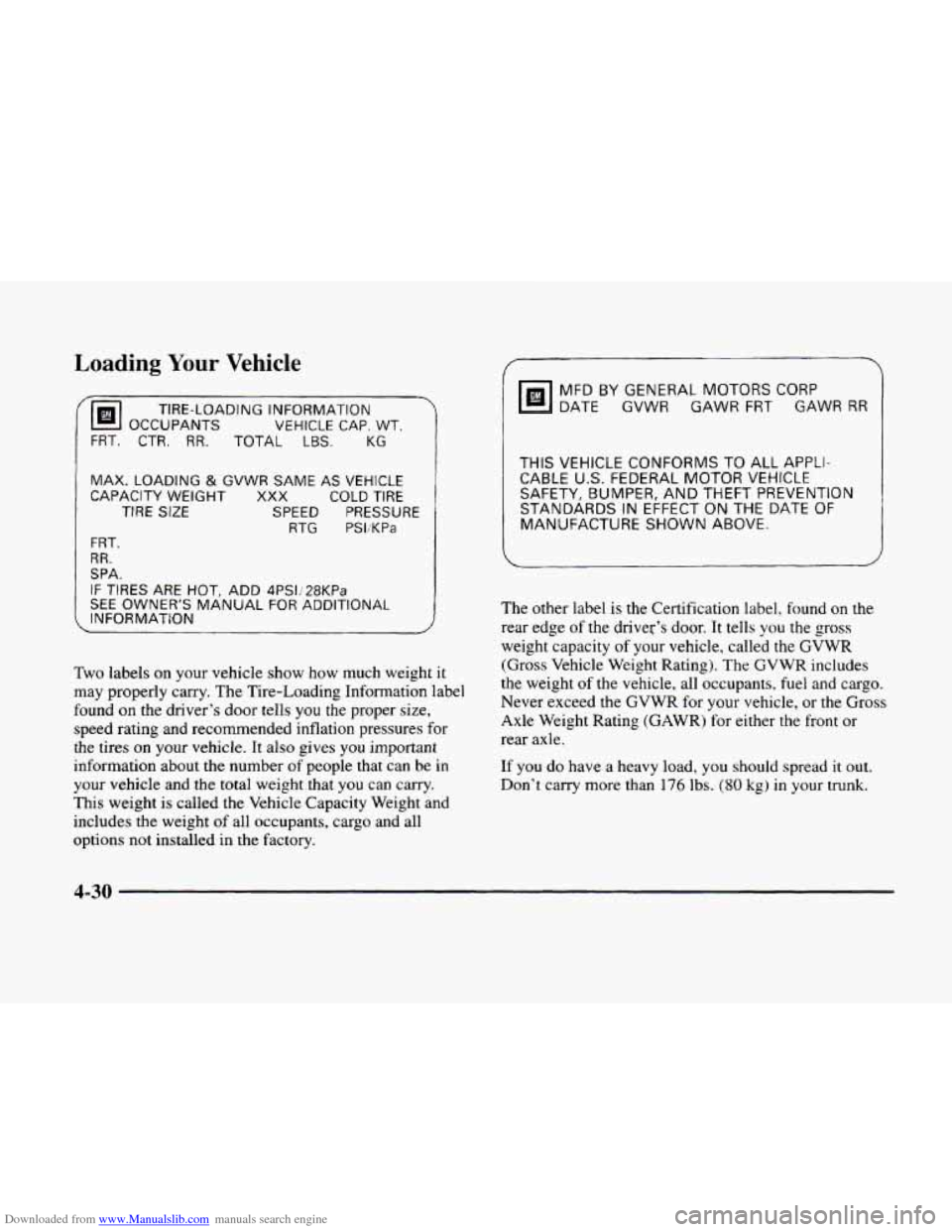 CADILLAC ELDORADO 1998 10.G Owners Manual Downloaded from www.Manualslib.com manuals search engine Loading Your Vehicle 
[@ OCCUPANTS VEHICLE CAP, WT. 
TIRE-LOADING INFORMATION 
KG LBS. FRT.  CTR. RR. TOTAL 
MAX.  LOADING 
& GVWR SAME AS VEHI