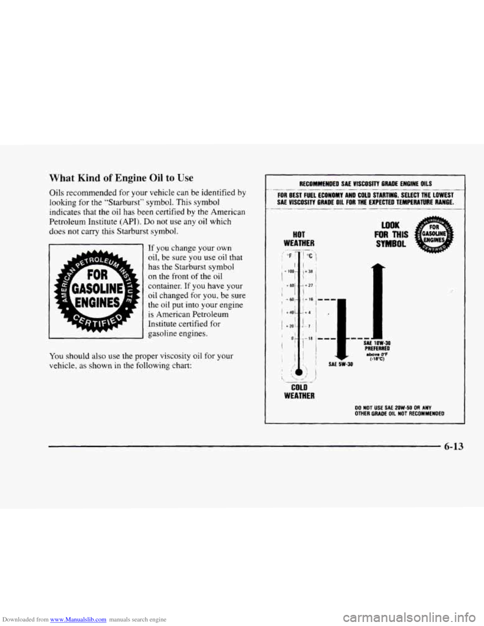 CADILLAC ELDORADO 1998 10.G Owners Manual Downloaded from www.Manualslib.com manuals search engine What Kind of Engine Oil to Use
Oils recommended for your vehicle can be identified by
looking for
the "Starburst" symbol. This symbol CADILLAC ELDORADO 1998 10.G Owners Manual Downloaded from www.Manualslib.com manuals search engine What Kind of Engine Oil to Use
Oils recommended for your vehicle can be identified by
looking for
the "Starburst" symbol. This symbol