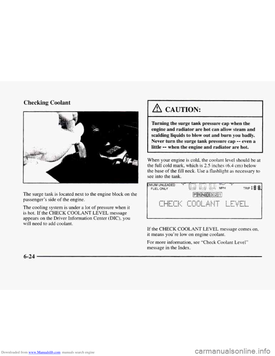 CADILLAC ELDORADO 1998 10.G Owners Manual Downloaded from www.Manualslib.com manuals search engine Checking Coolant
.
The surge tank is located next to the engine block on the
passengers side
of the engine.
The cooling system is CADILLAC ELDORADO 1998 10.G Owners Manual Downloaded from www.Manualslib.com manuals search engine Checking Coolant
.
The surge tank is located next to the engine block on the
passengers side
of the engine.
The cooling system is