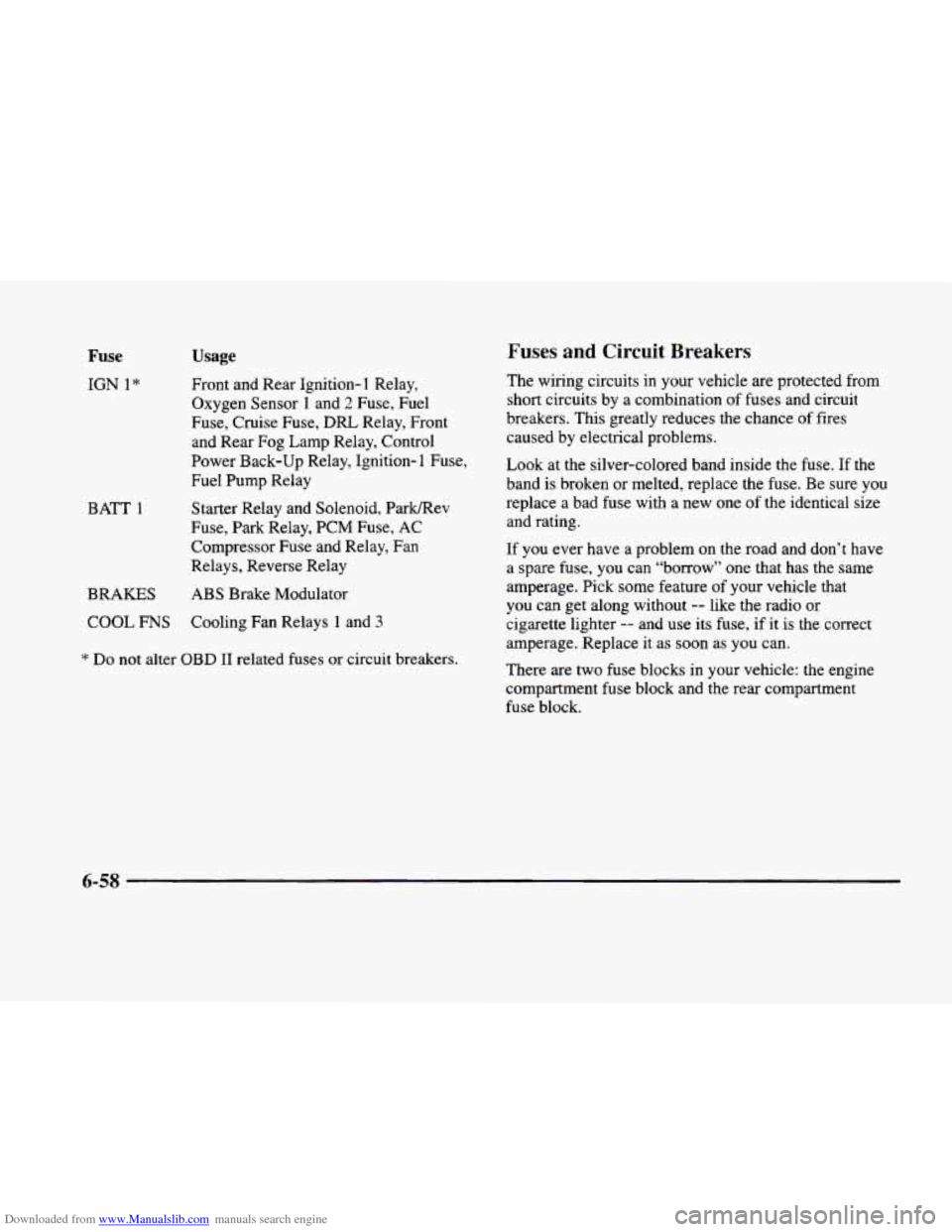 CADILLAC ELDORADO 1998 10.G Owners Manual Downloaded from www.Manualslib.com manuals search engine Fuse 
IGN 1” 
BATT 1 
BRAKES 
Usage 
Front and Rear Ignition- 1 Relay, 
Oxygen Sensor 
1 and 2 Fuse, Fuel 
Fuse,  Cruise  Fuse, 
DFU Relay, F