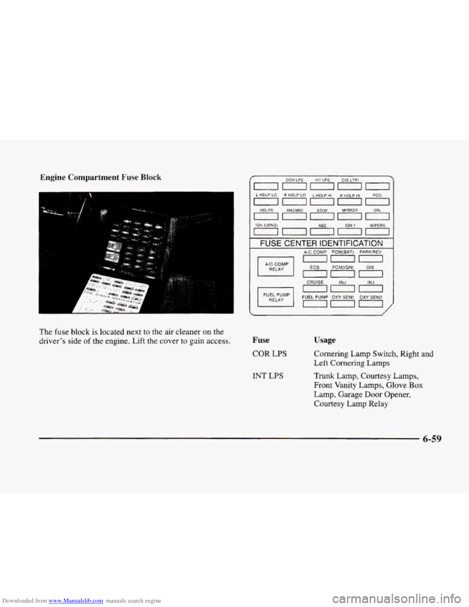 CADILLAC ELDORADO 1998 10.G Owners Manual Downloaded from www.Manualslib.com manuals search engine Engine Compartment Fuse Block 
A 
. .. .I . , 
nnnnn 
COR LPS INT LPS CIG LTRl 
, HDLPS I I HAZARD , I STOP , I MIRROR I I DRL , 
IGh O(ENG) WI