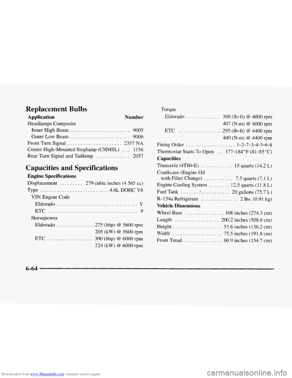 CADILLAC ELDORADO 1998 10.G Owners Manual Downloaded from www.Manualslib.com manuals search engine Replacement Bulbs 
Application Number 
Headlamps  Composite Inner  High  Beam 
....................... 9005 
Outer  Low Beam ..................