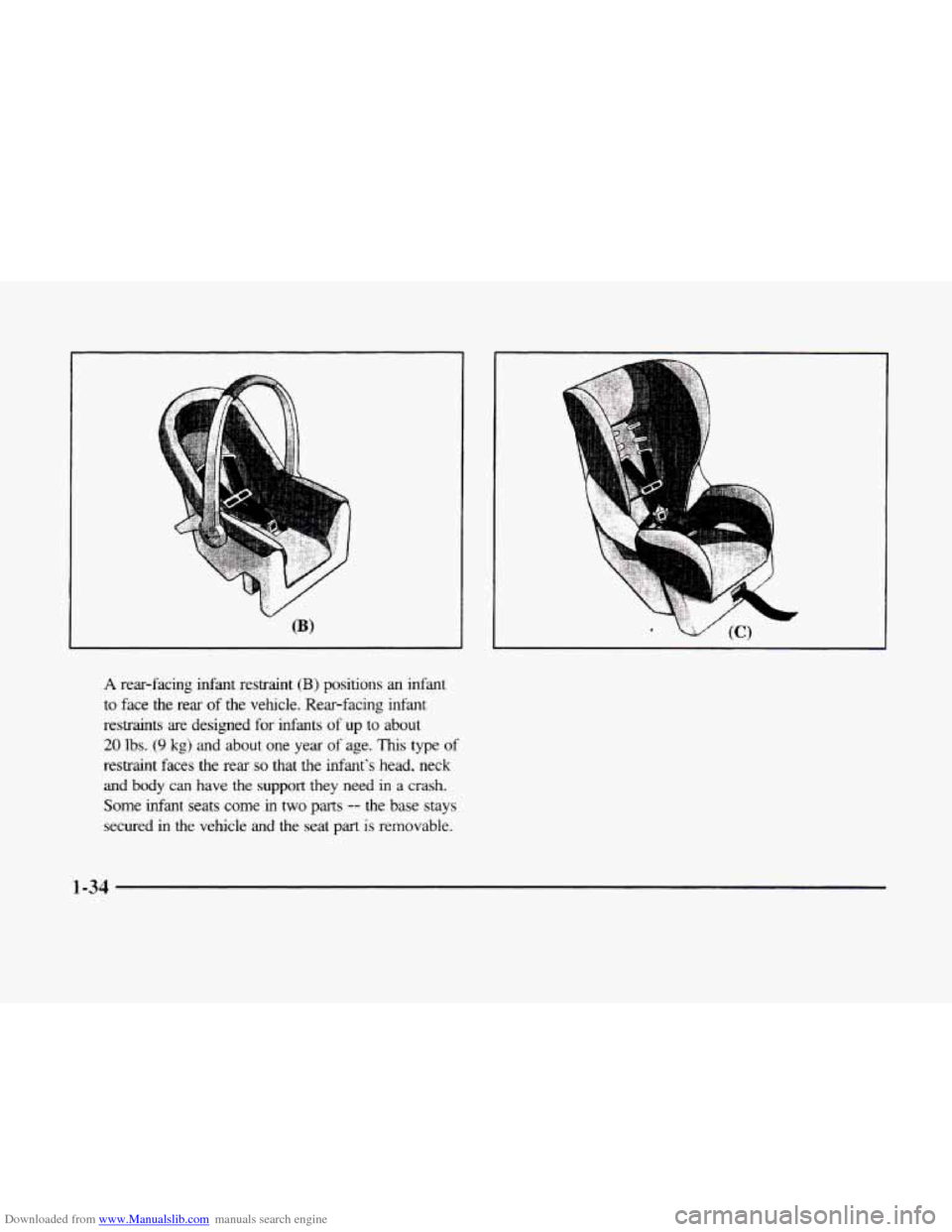 CADILLAC ELDORADO 1998 10.G Workshop Manual Downloaded from www.Manualslib.com manuals search engine YX 
A rear-facing infant restraint (B) positions an infant 
to face the  rear  of  the  vehcle. Rear-facing infant 
restraints  are  designed  