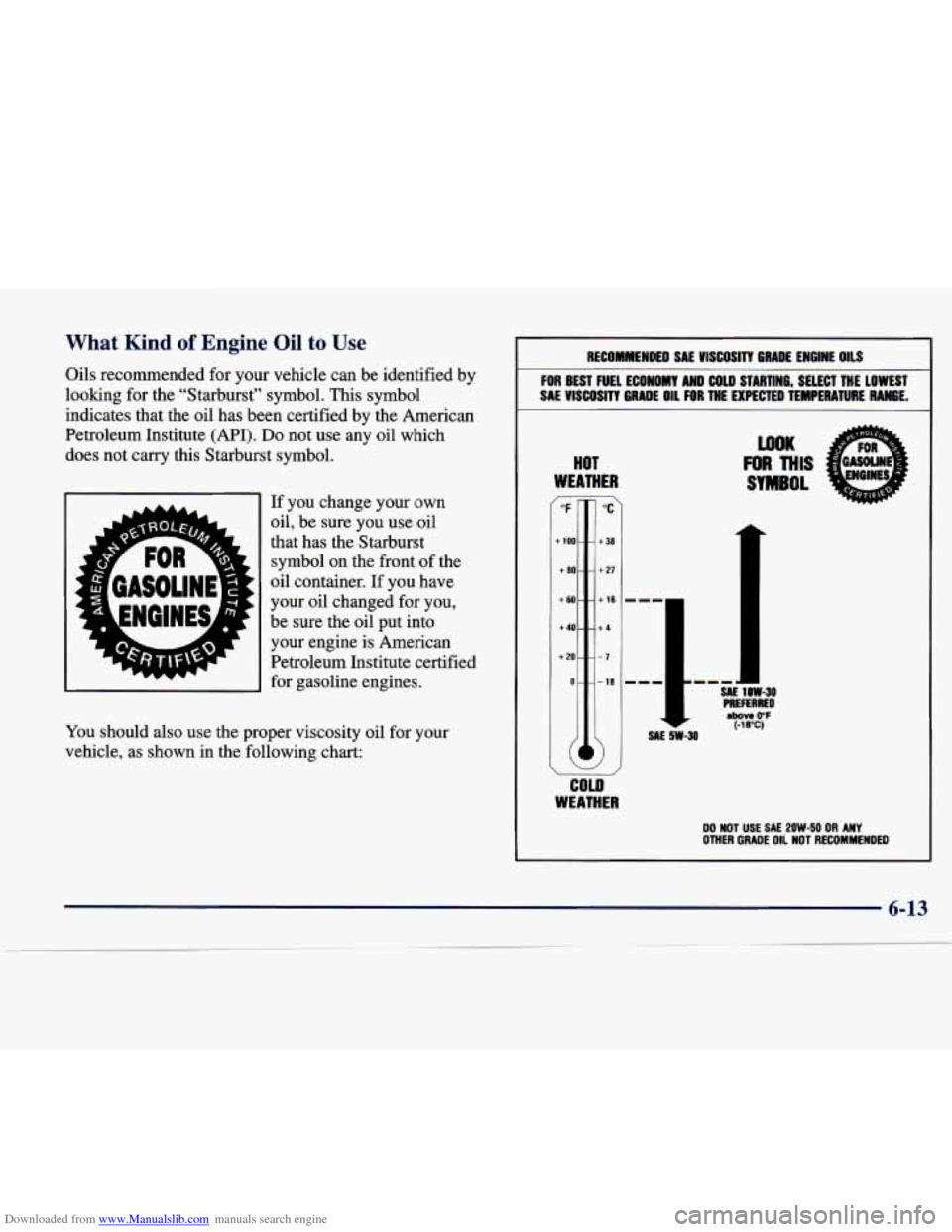 CADILLAC SEVILLE 1998 4.G Owners Manual Downloaded from www.Manualslib.com manuals search engine What Kind of Engine Oil to Use
Oils recommended for your vehicle can be identified by
looking for the "Starburst" symbol. This symb CADILLAC SEVILLE 1998 4.G Owners Manual Downloaded from www.Manualslib.com manuals search engine What Kind of Engine Oil to Use
Oils recommended for your vehicle can be identified by
looking for the "Starburst" symbol. This symb