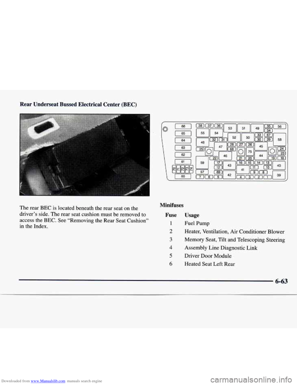 CADILLAC SEVILLE 1998 4.G Owners Manual Downloaded from www.Manualslib.com manuals search engine Rear Underseat Bussed Electrical Center (BEC)
1631
The rear BEC is located beneath the rear seat on the
driver’s side. The CADILLAC SEVILLE 1998 4.G Owners Manual Downloaded from www.Manualslib.com manuals search engine Rear Underseat Bussed Electrical Center (BEC)
1631
The rear BEC is located beneath the rear seat on the
driver’s side. The