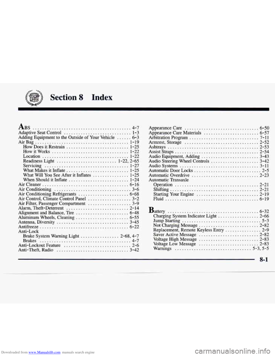 CADILLAC SEVILLE 1998 4.G Owners Manual Downloaded from www.Manualslib.com manuals search engine ..
Section 8 Index
ABS ......................................... 4.7
Adaptive Seat Control
............................ 1-3
AirBag ...... CADILLAC SEVILLE 1998 4.G Owners Manual Downloaded from www.Manualslib.com manuals search engine ..
Section 8 Index
ABS ......................................... 4.7
Adaptive Seat Control
............................ 1-3
AirBag ......