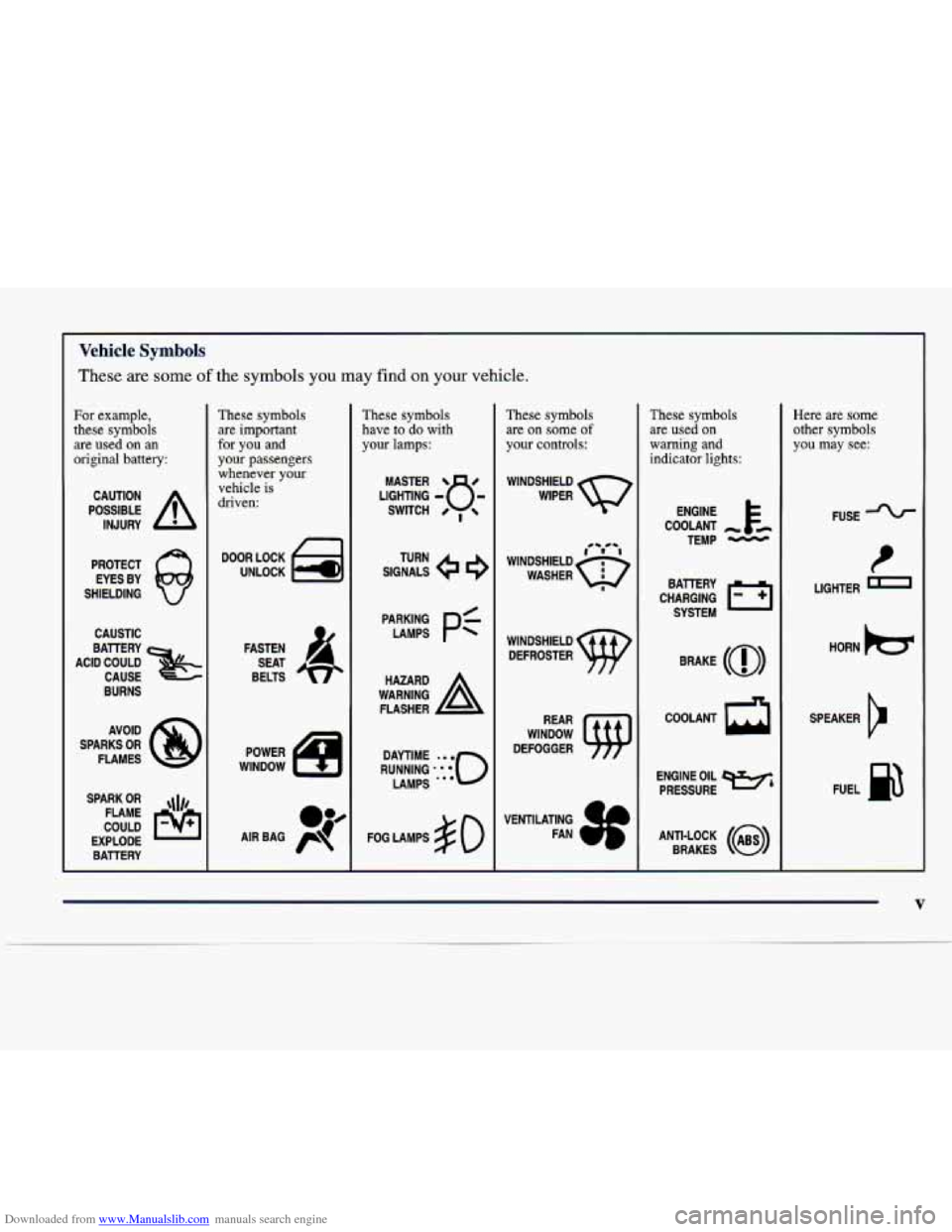 CADILLAC SEVILLE 1998 4.G Owners Manual Downloaded from www.Manualslib.com manuals search engine L 
Vehicle Symbols 
These are some of the symbols you may find on your vehicle. 
For  example, 
these  symbols  are 
used on an 
original  batt