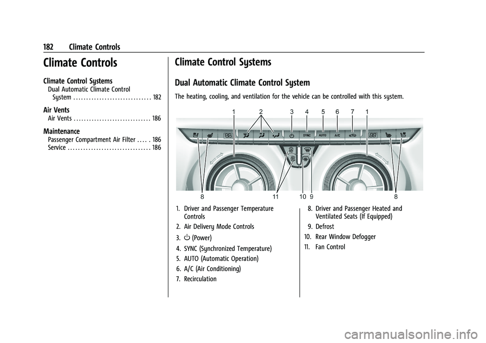 CHEVROLET BLAZER 2021 Owners Manual Chevrolet Blazer Owner Manual (GMNA-Localizing-U.S./Canada/Mexico-
14608203) - 2021 - CRC - 10/29/20
182 Climate Controls
Climate Controls
Climate Control Systems
Dual Automatic Climate ControlSystem CHEVROLET BLAZER 2021 Owners Manual Chevrolet Blazer Owner Manual (GMNA-Localizing-U.S./Canada/Mexico-
14608203) - 2021 - CRC - 10/29/20
182 Climate Controls
Climate Controls
Climate Control Systems
Dual Automatic Climate ControlSystem