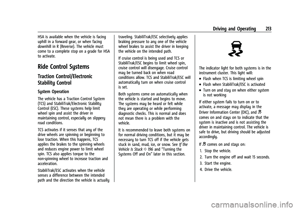 CHEVROLET BLAZER 2021 Owners Manual Chevrolet Blazer Owner Manual (GMNA-Localizing-U.S./Canada/Mexico-
14608203) - 2021 - CRC - 10/29/20
Driving and Operating 213
HSA is available when the vehicle is facing
uphill in a forward gear, or CHEVROLET BLAZER 2021 Owners Manual Chevrolet Blazer Owner Manual (GMNA-Localizing-U.S./Canada/Mexico-
14608203) - 2021 - CRC - 10/29/20
Driving and Operating 213
HSA is available when the vehicle is facing
uphill in a forward gear, or