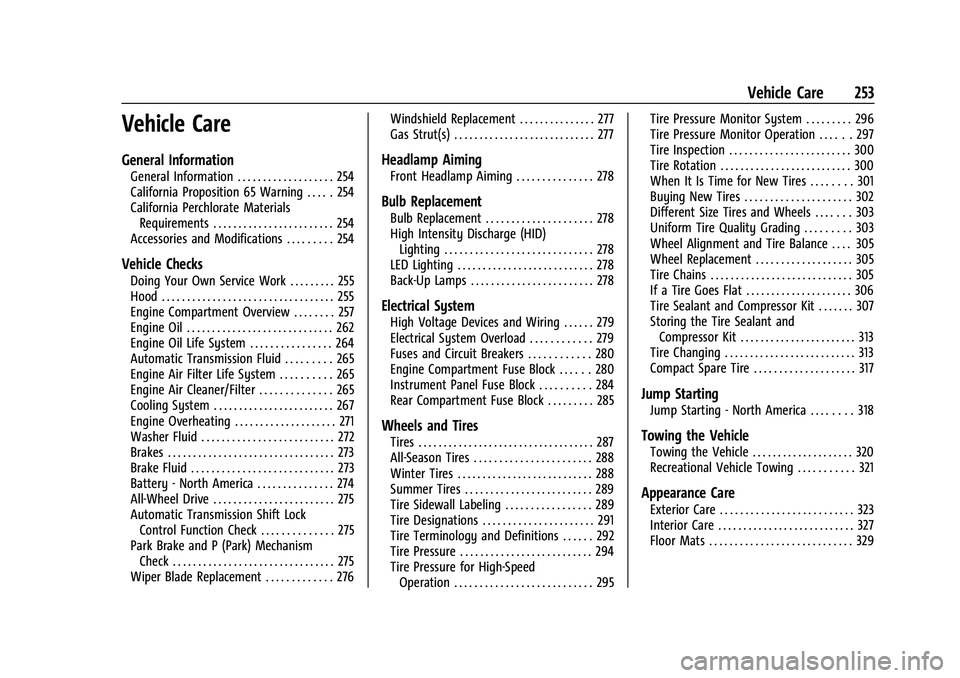 CHEVROLET BLAZER 2021 Owners Manual Chevrolet Blazer Owner Manual (GMNA-Localizing-U.S./Canada/Mexico-
14608203) - 2021 - CRC - 10/29/20
Vehicle Care 253
Vehicle Care
General Information
General Information . . . . . . . . . . . . . . . CHEVROLET BLAZER 2021 Owners Manual Chevrolet Blazer Owner Manual (GMNA-Localizing-U.S./Canada/Mexico-
14608203) - 2021 - CRC - 10/29/20
Vehicle Care 253
Vehicle Care
General Information
General Information . . . . . . . . . . . . . . .