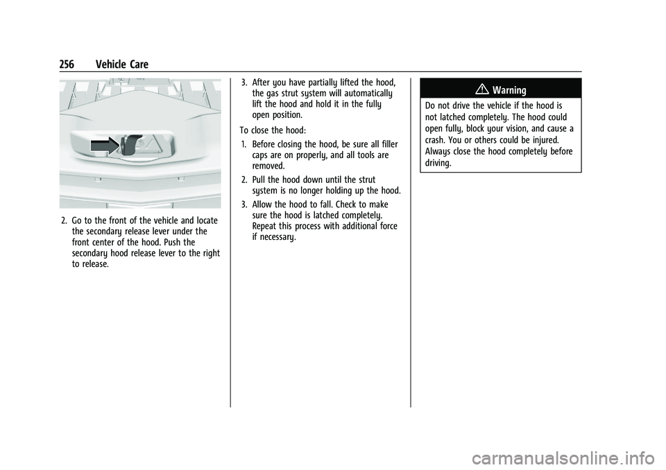 CHEVROLET BLAZER 2021  Owners Manual Chevrolet Blazer Owner Manual (GMNA-Localizing-U.S./Canada/Mexico-
14608203) - 2021 - CRC - 10/29/20
256 Vehicle Care
2. Go to the front of the vehicle and locatethe secondary release lever under the
