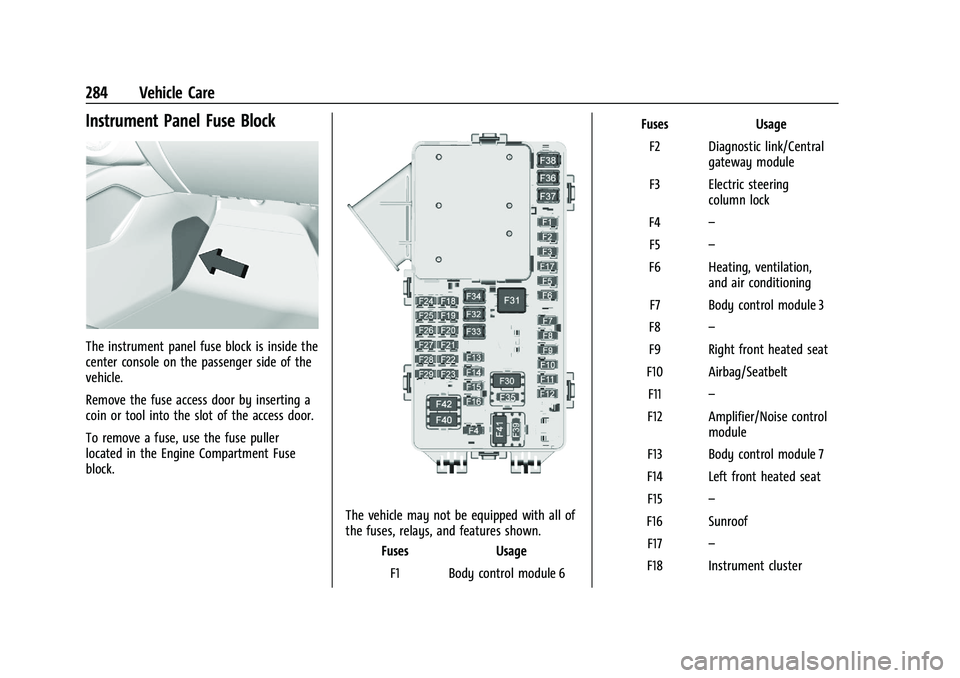 CHEVROLET BLAZER 2021 Owners Manual Chevrolet Blazer Owner Manual (GMNA-Localizing-U.S./Canada/Mexico-
14608203) - 2021 - CRC - 10/29/20
284 Vehicle Care
Instrument Panel Fuse Block
The instrument panel fuse block is inside the
center c CHEVROLET BLAZER 2021 Owners Manual Chevrolet Blazer Owner Manual (GMNA-Localizing-U.S./Canada/Mexico-
14608203) - 2021 - CRC - 10/29/20
284 Vehicle Care
Instrument Panel Fuse Block
The instrument panel fuse block is inside the
center c