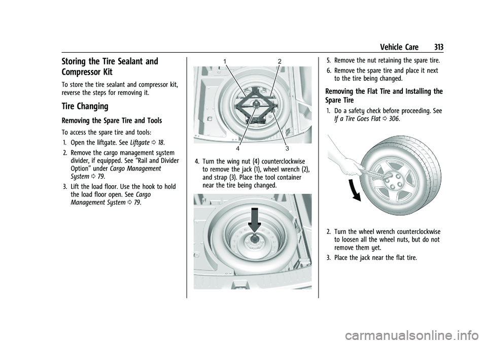 CHEVROLET BLAZER 2021 Owners Manual Chevrolet Blazer Owner Manual (GMNA-Localizing-U.S./Canada/Mexico-
14608203) - 2021 - CRC - 10/29/20
Vehicle Care 313
Storing the Tire Sealant and
Compressor Kit
To store the tire sealant and compress CHEVROLET BLAZER 2021 Owners Manual Chevrolet Blazer Owner Manual (GMNA-Localizing-U.S./Canada/Mexico-
14608203) - 2021 - CRC - 10/29/20
Vehicle Care 313
Storing the Tire Sealant and
Compressor Kit
To store the tire sealant and compress