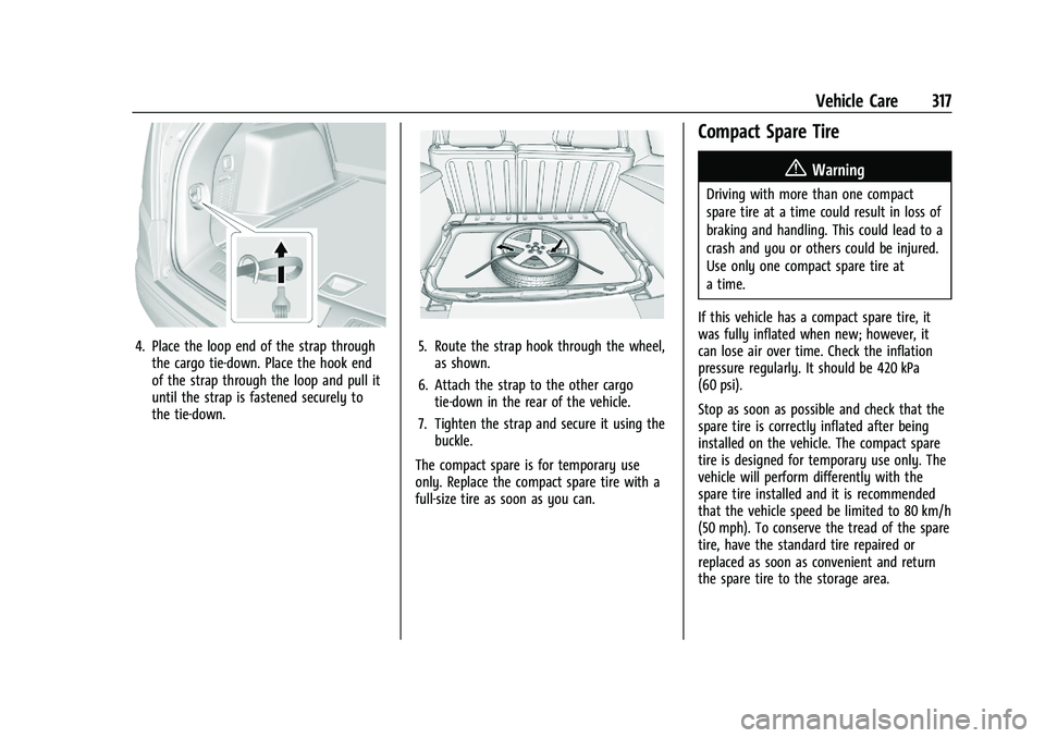 CHEVROLET BLAZER 2021 Owners Manual Chevrolet Blazer Owner Manual (GMNA-Localizing-U.S./Canada/Mexico-
14608203) - 2021 - CRC - 10/29/20
Vehicle Care 317
4. Place the loop end of the strap throughthe cargo tie-down. Place the hook end
o CHEVROLET BLAZER 2021 Owners Manual Chevrolet Blazer Owner Manual (GMNA-Localizing-U.S./Canada/Mexico-
14608203) - 2021 - CRC - 10/29/20
Vehicle Care 317
4. Place the loop end of the strap throughthe cargo tie-down. Place the hook end
o