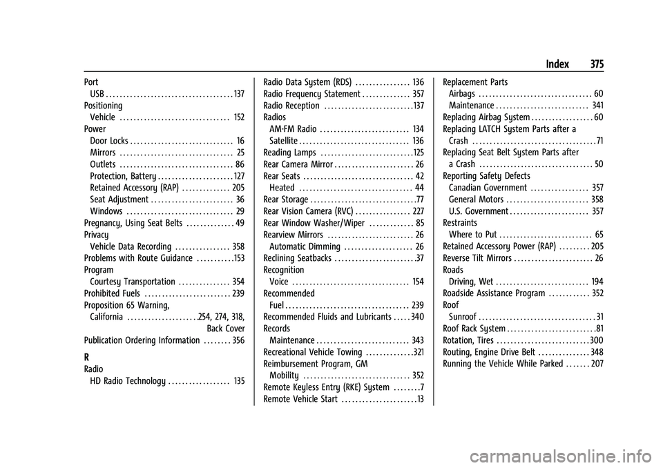 CHEVROLET BLAZER 2021 Owners Guide Chevrolet Blazer Owner Manual (GMNA-Localizing-U.S./Canada/Mexico-
14608203) - 2021 - CRC - 10/29/20
Index 375
PortUSB . . . . . . . . . . . . . . . . . . . . . . . . . . . . . . . . . . . . . 137
Pos CHEVROLET BLAZER 2021 Owners Guide Chevrolet Blazer Owner Manual (GMNA-Localizing-U.S./Canada/Mexico-
14608203) - 2021 - CRC - 10/29/20
Index 375
PortUSB . . . . . . . . . . . . . . . . . . . . . . . . . . . . . . . . . . . . . 137
Pos