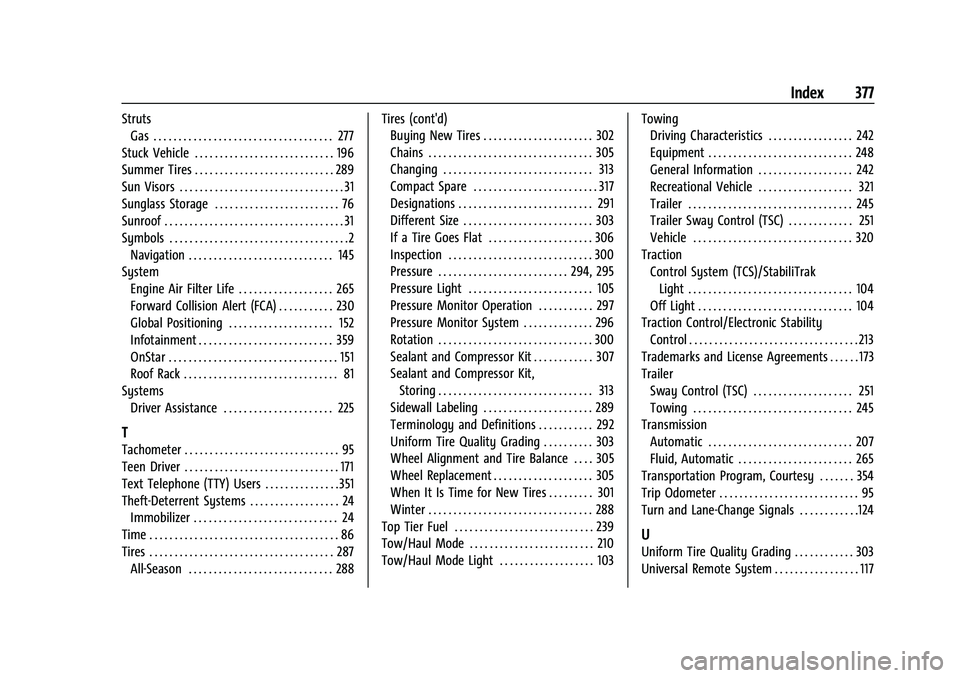 CHEVROLET BLAZER 2021  Owners Manual Chevrolet Blazer Owner Manual (GMNA-Localizing-U.S./Canada/Mexico-
14608203) - 2021 - CRC - 10/29/20
Index 377
StrutsGas . . . . . . . . . . . . . . . . . . . . . . . . . . . . . . . . . . . . 277
Stu