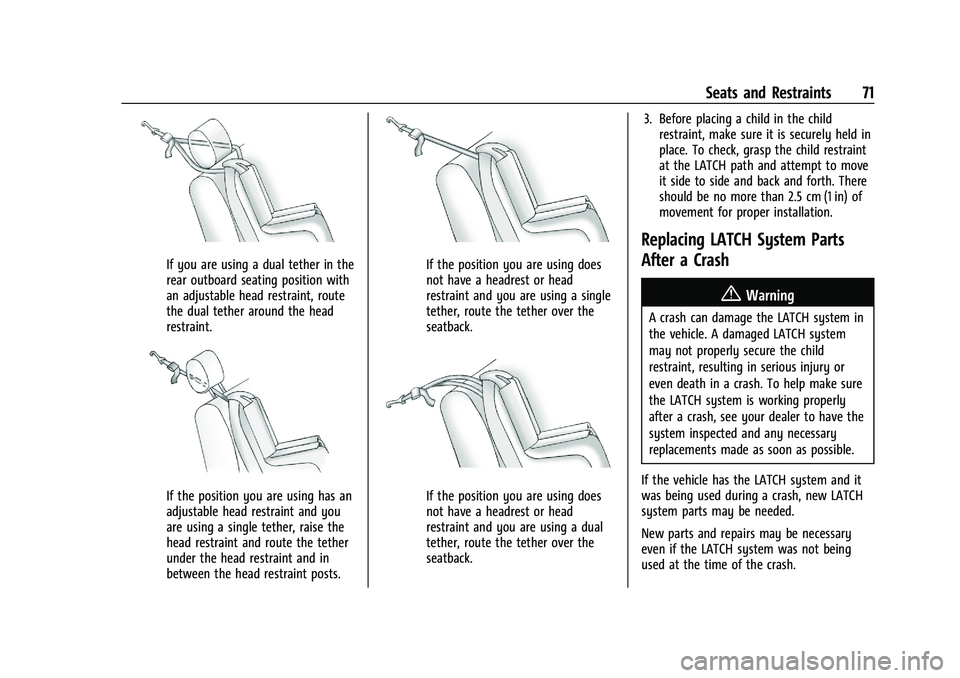 CHEVROLET BLAZER 2021 Manual PDF Chevrolet Blazer Owner Manual (GMNA-Localizing-U.S./Canada/Mexico-
14608203) - 2021 - CRC - 10/29/20
Seats and Restraints 71
If you are using a dual tether in the
rear outboard seating position with
a CHEVROLET BLAZER 2021 Manual PDF Chevrolet Blazer Owner Manual (GMNA-Localizing-U.S./Canada/Mexico-
14608203) - 2021 - CRC - 10/29/20
Seats and Restraints 71
If you are using a dual tether in the
rear outboard seating position with
a