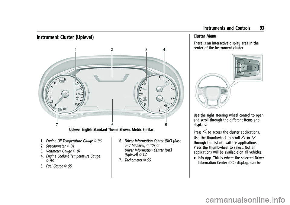CHEVROLET BLAZER 2021  Owners Manual Chevrolet Blazer Owner Manual (GMNA-Localizing-U.S./Canada/Mexico-
14608203) - 2021 - CRC - 10/29/20
Instruments and Controls 93
Instrument Cluster (Uplevel)
Uplevel English Standard Theme Shown, Metr