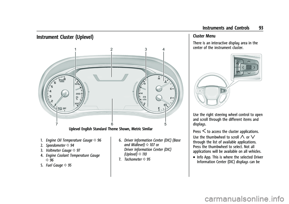 CHEVROLET BLAZER 2021 Owners Manual Chevrolet Blazer Owner Manual (GMNA-Localizing-U.S./Canada/Mexico-
14608203) - 2021 - CRC - 10/29/20
Instruments and Controls 93
Instrument Cluster (Uplevel)
Uplevel English Standard Theme Shown, Metr CHEVROLET BLAZER 2021 Owners Manual Chevrolet Blazer Owner Manual (GMNA-Localizing-U.S./Canada/Mexico-
14608203) - 2021 - CRC - 10/29/20
Instruments and Controls 93
Instrument Cluster (Uplevel)
Uplevel English Standard Theme Shown, Metr