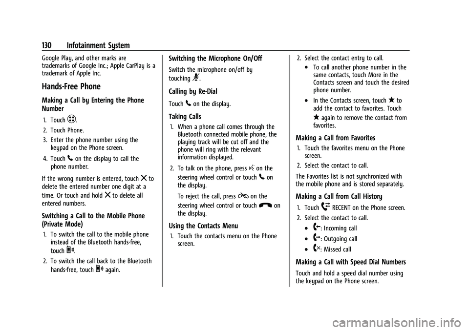 CHEVROLET BOLT EV 2021  Owners Manual Chevrolet Bolt EV Owner Manual (GMNA-Localizing-U.S./Canada-
14637856) - 2021 - CRC - 10/2/20
130 Infotainment System
Google Play, and other marks are
trademarks of Google Inc.; Apple CarPlay is a
tra