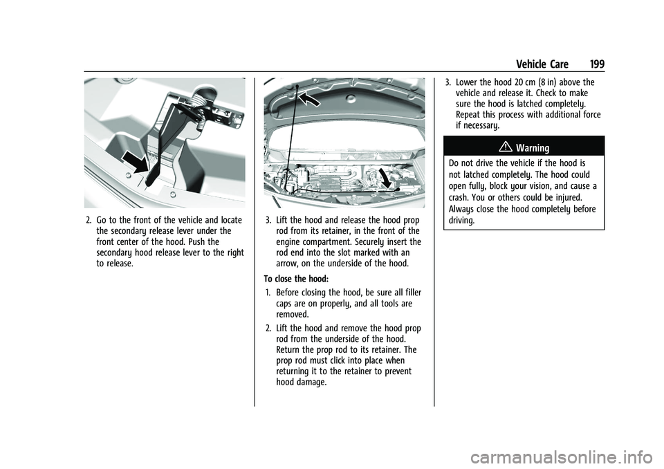 CHEVROLET BOLT EV 2021  Owners Manual Chevrolet Bolt EV Owner Manual (GMNA-Localizing-U.S./Canada-
14637856) - 2021 - CRC - 10/2/20
Vehicle Care 199
2. Go to the front of the vehicle and locatethe secondary release lever under the
front c