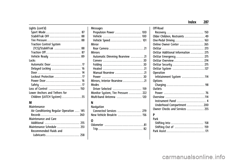 CHEVROLET BOLT EV 2021 Owners Guide Chevrolet Bolt EV Owner Manual (GMNA-Localizing-U.S./Canada-
14637856) - 2021 - CRC - 10/2/20
Index 287
Lights (cont'd)Sport Mode . . . . . . . . . . . . . . . . . . . . . . . . . . . . . 87
Stabi