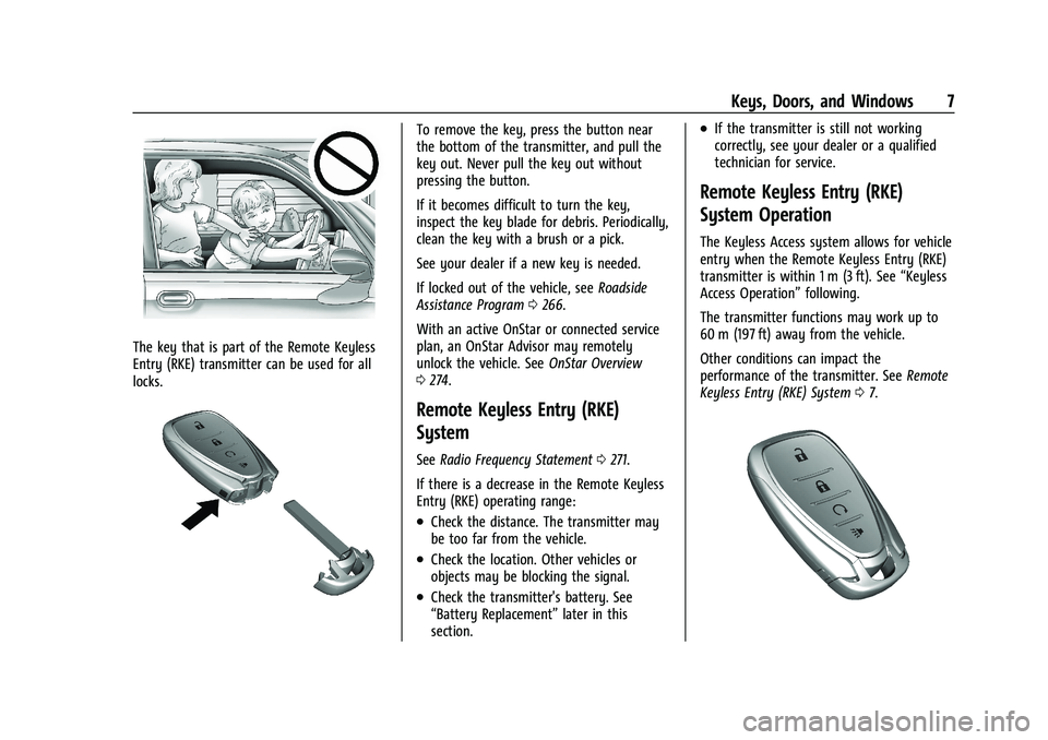 CHEVROLET BOLT EV 2021  Owners Manual Chevrolet Bolt EV Owner Manual (GMNA-Localizing-U.S./Canada-
14637856) - 2021 - CRC - 10/2/20
Keys, Doors, and Windows 7
The key that is part of the Remote Keyless
Entry (RKE) transmitter can be used 