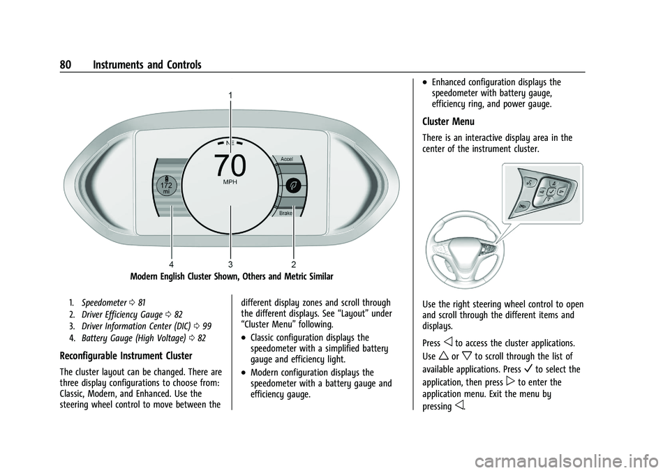 CHEVROLET BOLT EV 2021 Manual Online Chevrolet Bolt EV Owner Manual (GMNA-Localizing-U.S./Canada-
14637856) - 2021 - CRC - 10/2/20
80 Instruments and Controls
Modern English Cluster Shown, Others and Metric Similar
1.Speedometer 081
2. D