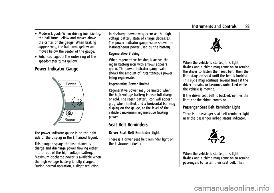 CHEVROLET BOLT EV 2021 Manual Online Chevrolet Bolt EV Owner Manual (GMNA-Localizing-U.S./Canada-
14637856) - 2021 - CRC - 10/2/20
Instruments and Controls 83
.Modern layout: When driving inefficiently,
the ball turns yellow and moves ab