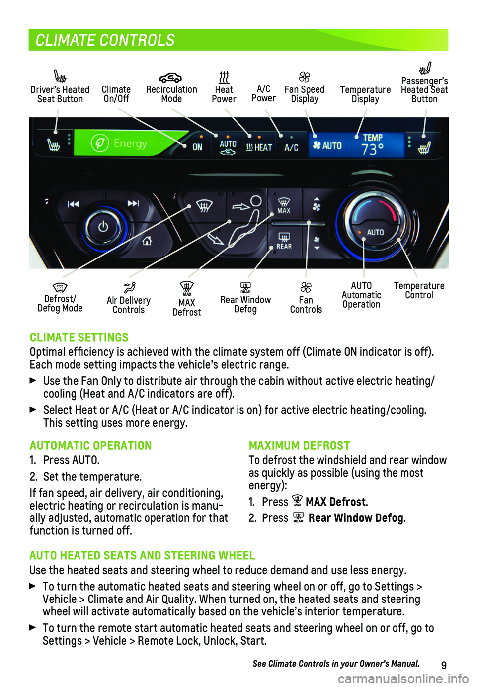CHEVROLET BOLT EV 2021  Get To Know Guide 9
CLIMATE CONTROLS
CLIMATE SETTINGS 
Optimal efficiency is achieved with the climate system off (Climate O\
N indicator is off). Each mode setting impacts the vehicle’s electric range. 
 Use the Fan